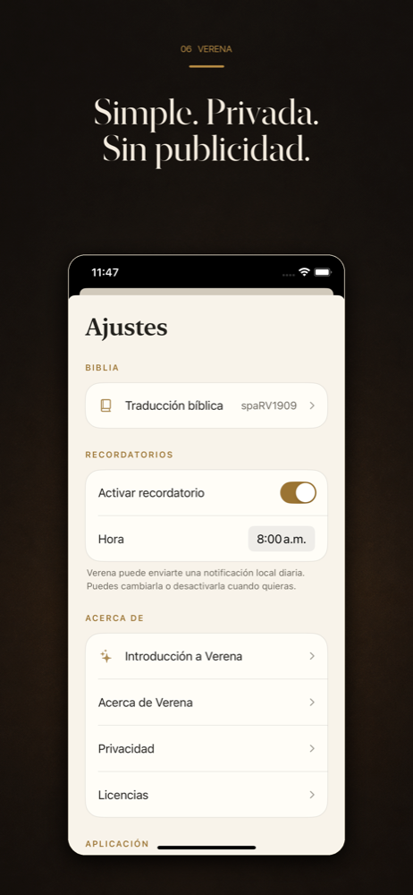 Ajustes de Verena con traducción bíblica y recordatorio opcional